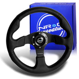 NRG Racing Style 13" 330mm 6-Bolt Hole Black Leather Grip With Aluminum Finished 3-Spoke Black Center Steering Wheel RST-012R -Black Stitch