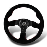 NRG Racing Style 13" 330mm 6-Bolt Hole Reinforced Black Suede Grip With Aluminum Finished 3-Spoke Black Center Steering Wheel RST-012S-RS -Red Stitch