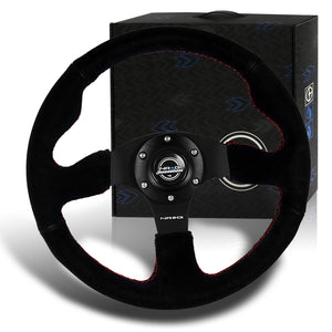 NRG Racing Style 13" 330mm 6-Bolt Hole Reinforced Black Suede Grip With Aluminum Finished 3-Spoke Black Center Steering Wheel RST-012S-RS -Red Stitch