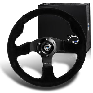 NRG Racing Style 13" 330mm 6-Bolt Hole Reinforced Black Suede Grip With Aluminum Finished 3-Spoke Black Center Steering Wheel RST-012S -Black Stitch