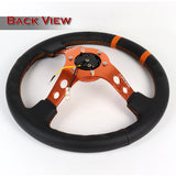 NRG Racing Style 13.75" 350mm 6-Bolt Hole Black Leather Grip With Aluminum Finished 3-Spoke 3 Inch Deep Dish Orange Center Steering Wheel RST-016R-OR -Orange Stitch