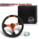 NRG Racing Style 13.75" 350mm 6-Bolt Hole Black Leather Grip With Aluminum Finished 3-Spoke 3 Inch Deep Dish Orange Center Steering Wheel RST-016R-OR -Orange Stitch