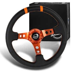 NRG Racing Style 13.75" 350mm 6-Bolt Hole Black Leather Grip With Aluminum Finished 3-Spoke 3 Inch Deep Dish Orange Center Steering Wheel RST-016R-OR -Orange Stitch