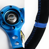 NRG Sport Style 14" 350mm 6-Bolt Hole Black Suede Grip With Aluminum Finished 3-Spoke 3 Inch Deep Dish Blue Center Steering Wheel RST-016S-BL -Blue Stitch