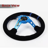 NRG Sport Style 14" 350mm 6-Bolt Hole Black Suede Grip With Aluminum Finished 3-Spoke 3 Inch Deep Dish Blue Center Steering Wheel RST-016S-BL -Blue Stitch