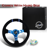 NRG Sport Style 14" 350mm 6-Bolt Hole Black Suede Grip With Aluminum Finished 3-Spoke 3 Inch Deep Dish Blue Center Steering Wheel RST-016S-BL -Blue Stitch