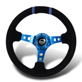 NRG Sport Style 14" 350mm 6-Bolt Hole Black Suede Grip With Aluminum Finished 3-Spoke 3 Inch Deep Dish Blue Center Steering Wheel RST-016S-BL -Blue Stitch