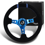 NRG Sport Style 14" 350mm 6-Bolt Hole Black Suede Grip With Aluminum Finished 3-Spoke 3 Inch Deep Dish Blue Center Steering Wheel RST-016S-BL -Blue Stitch