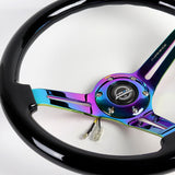 NRG 14" 350mm 6-Bolt Hole Black Classic Colored Wood Grip With Aluminum Finished 3-Spoke 3 Inch Deep Dish Steering Wheel RST-018BK-MC -Neo Chrome Spoke