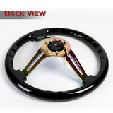 NRG 14" 350mm 6-Bolt Hole Black Classic Colored Wood Grip With Aluminum Finished 3-Spoke 3 Inch Deep Dish Steering Wheel RST-018BK-MC -Neo Chrome Spoke