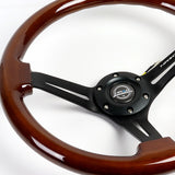 NRG 14" 350mm 6-Bolt Hole Brown Wood Grain Grip With Aluminum Finished 3-Spoke 3 Inch Deep Dish Steering Wheel RST-018BR-BK -Black Spoke