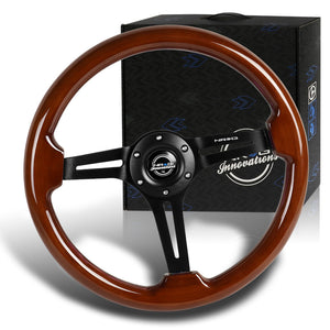 NRG 14" 350mm 6-Bolt Hole Brown Wood Grain Grip With Aluminum Finished 3-Spoke 3 Inch Deep Dish Steering Wheel RST-018BR-BK -Black Spoke