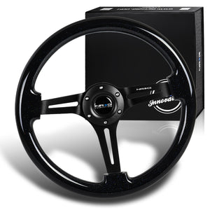 NRG 14" 350mm 6-Bolt Hole Sparkle Black Wood Grip With Aluminum Finished 3-Spoke 3 Inch Deep Dish Steering Wheel RST-018BSB-BK -Black Spoke