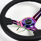 NRG 13.75" 350mm 6-Bolt Hole Black Leather Grip With Aluminum Finished 3-Spoke 3 Inch Deep Dish Steering Wheel RST-018R-MCBS -Neo Chrome Spoke