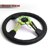 NRG 13.75" 350mm 6-Bolt Hole Black Leather Grip With Aluminum Finished 3-Spoke 3 Inch Deep Dish Steering Wheel RST-018R-MCBS -Neo Chrome Spoke