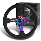 NRG 13.75" 350mm 6-Bolt Hole Black Leather Grip With Aluminum Finished 3-Spoke 3 Inch Deep Dish Steering Wheel RST-018R-MCBS -Neo Chrome Spoke