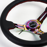 NRG 13.75" 350mm 6-Bolt Hole Black Leather Red Stitch Grip With Aluminum Finished 3-Spoke 3 Inch Deep Dish Steering Wheel RST-018R-MCRS-Neo Chrome Spoke