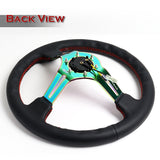 NRG 13.75" 350mm 6-Bolt Hole Black Leather Red Stitch Grip With Aluminum Finished 3-Spoke 3 Inch Deep Dish Steering Wheel RST-018R-MCRS-Neo Chrome Spoke