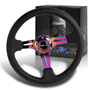 NRG 13.75" 350mm 6-Bolt Hole Black Leather Red Stitch Grip With Aluminum Finished 3-Spoke 3 Inch Deep Dish Steering Wheel RST-018R-MCRS-Neo Chrome Spoke