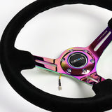 NRG 13.75" 350mm 6-Bolt Hole Black Suede Grip With Aluminum Finished 3-Spoke 3 Inch Deep Dish Steering Wheel RST-018S-MCBS -Neo Chrome Spoke