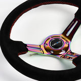 NRG 13.75" 350mm 6-Bolt Hole Black Suede Red Stitch Grip With Aluminum Finished 3-Spoke 3 Inch Deep Dish Steering Wheel RST-018S-MCRS-Neo Chrome Spoke