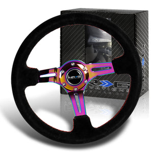 NRG 13.75" 350mm 6-Bolt Hole Black Suede Red Stitch Grip With Aluminum Finished 3-Spoke 3 Inch Deep Dish Steering Wheel RST-018S-MCRS-Neo Chrome Spoke