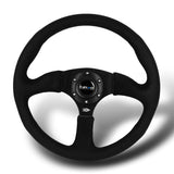 NRG 14" 350mm 6-Bolt Hole Premium Black Leather Grip With Aluminum Finished 3-Spoke 3 Inch Deep Dish Steering Wheel RST-023MB-SA -Black Spoke