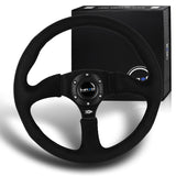 NRG 14" 350mm 6-Bolt Hole Premium Black Leather Grip With Aluminum Finished 3-Spoke 3 Inch Deep Dish Steering Wheel RST-023MB-SA -Black Spoke