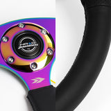 NRG 14" 350mm 6-Bolt Hole Black Leather Grip With Aluminum Finished 3-Spoke 3 Inch Deep Dish Steering Wheel RST-023MC-R -Neo Chrome Spoke