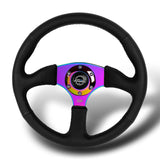 NRG 14" 350mm 6-Bolt Hole Black Leather Grip With Aluminum Finished 3-Spoke 3 Inch Deep Dish Steering Wheel RST-023MC-R -Neo Chrome Spoke