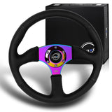 NRG 14" 350mm 6-Bolt Hole Black Leather Grip With Aluminum Finished 3-Spoke 3 Inch Deep Dish Steering Wheel RST-023MC-R -Neo Chrome Spoke