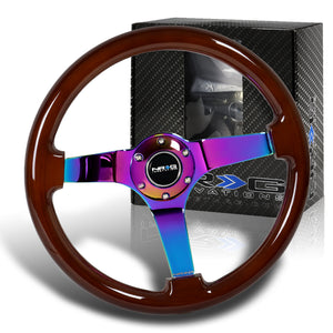 NRG 13.75" 350mm 6-Bolt Hole Brown Wood Grip With Aluminum Finished 3-Spoke 3 Inch Deep Dish Steering Wheel RST-036BR-MC -Neo Chrome Spoke