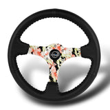 NRG 14" 350mm 6-Bolt Hole Black Leather Grip With Aluminum Finished 3-Spoke 3 Inch Deep Dish Steering Wheel RST-036FL-R -Hydro Dipped Floral Spoke