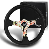 NRG 14" 350mm 6-Bolt Hole Black Leather Grip With Aluminum Finished 3-Spoke 3 Inch Deep Dish Steering Wheel RST-036FL-R -Hydro Dipped Floral Spoke