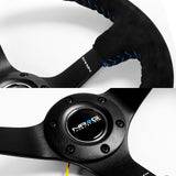 NRG 13.75" 350mm 6-Bolt Hole Premium Black Suede With Blue Stitch Grip Aluminum Finished 3-Spoke 3 Inch Deep Dish Racing Steering Wheel RST-036MB-S-BL -Matte Black Spoke