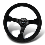 NRG 13.75" 350mm 6-Bolt Hole Premium Black Suede With Blue Stitch Grip Aluminum Finished 3-Spoke 3 Inch Deep Dish Racing Steering Wheel RST-036MB-S-BL -Matte Black Spoke