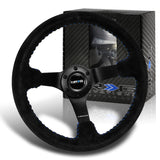 NRG 13.75" 350mm 6-Bolt Hole Premium Black Suede With Blue Stitch Grip Aluminum Finished 3-Spoke 3 Inch Deep Dish Racing Steering Wheel RST-036MB-S-BL -Matte Black Spoke