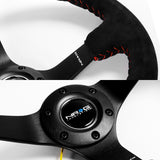 NRG 13.75" 350mm 6-Bolt Hole Premium Black Suede With Red Stitch Grip Aluminum Finished 3-Spoke 3 Inch Deep Dish Racing Steering Wheel RST-036MB-S-RD -Matte Black Spoke