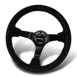 NRG 13.75" 350mm 6-Bolt Hole Premium Black Suede With Red Stitch Grip Aluminum Finished 3-Spoke 3 Inch Deep Dish Racing Steering Wheel RST-036MB-S-RD -Matte Black Spoke