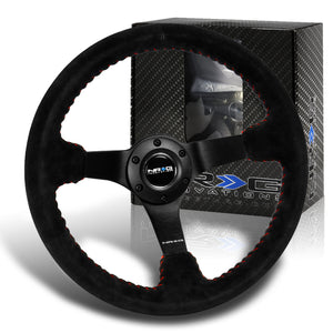 NRG 13.75" 350mm 6-Bolt Hole Premium Black Suede With Red Stitch Grip Aluminum Finished 3-Spoke 3 Inch Deep Dish Racing Steering Wheel RST-036MB-S-RD -Matte Black Spoke