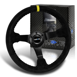 NRG 13.75" 350mm 6-Bolt Hole Premium Black Suede With Yellow Stripe Grip Aluminum Finished 3-Spoke 3 Inch Deep Dish Racing Steering Wheel RST-036MB-S-Y-Matte Black Spoke