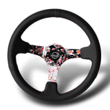 NRG 14" 350mm 6-Bolt Hole Black Leather Grip With Aluminum Finished 3-Spoke 3 Inch Deep Dish Steering Wheel RST-036SAK-R -Sakura Spoke