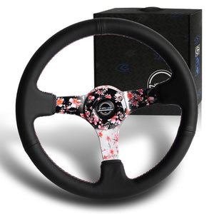 NRG 14" 350mm 6-Bolt Hole Black Leather Grip With Aluminum Finished 3-Spoke 3 Inch Deep Dish Steering Wheel RST-036SAK-R -Sakura Spoke