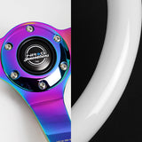 NRG 14" 350mm 6-Bolt Hole Classic White Wood Grip Aluminum Finished 3-Spoke 3 Inch Deep Dish Steering Wheel RST-036WT-MC -Neo Chrome Spoke