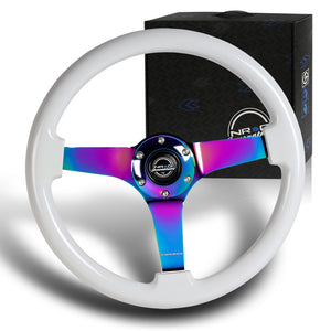 NRG 14" 350mm 6-Bolt Hole Classic White Wood Grip Aluminum Finished 3-Spoke 3 Inch Deep Dish Steering Wheel RST-036WT-MC -Neo Chrome Spoke