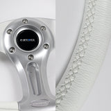 NRG 14" 350mm 6-Bolt Hole White Leather White Stitch Grip Aluminum Finished 3-Spoke Steering Wheel ST-013WT -Silver Spoke