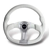 NRG 14" 350mm 6-Bolt Hole White Leather White Stitch Grip Aluminum Finished 3-Spoke Steering Wheel ST-013WT -Silver Spoke