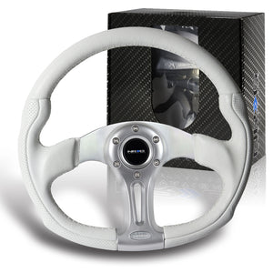 NRG 14" 350mm 6-Bolt Hole White Leather White Stitch Grip Aluminum Finished 3-Spoke Steering Wheel ST-013WT -Silver Spoke