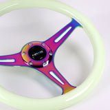 NRG 13.75" 350mm 6-Bolt Hole Glow In The Dark White Wood Grain Grip Aluminum Finished 3-Spoke Steering Wheel ST-015MC-GL -Neo Chrome Spoke