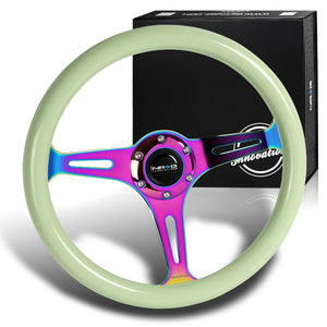 NRG 13.75" 350mm 6-Bolt Hole Glow In The Dark White Wood Grain Grip Aluminum Finished 3-Spoke Steering Wheel ST-015MC-GL -Neo Chrome Spoke